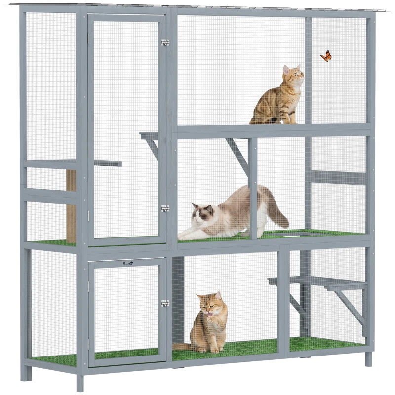 PawHut Catio Outdoor Cat Enclosure, 77" H Wooden Cat House with Weatherproof Roof, Platforms and Scratching Post