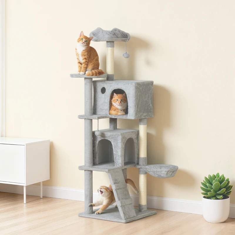 PawHut 63 Inch Cat Tree with Sisal Scratching Posts, Condos, Plush Perches, Hammock, Ladder, Dangling Balls, Light Grey