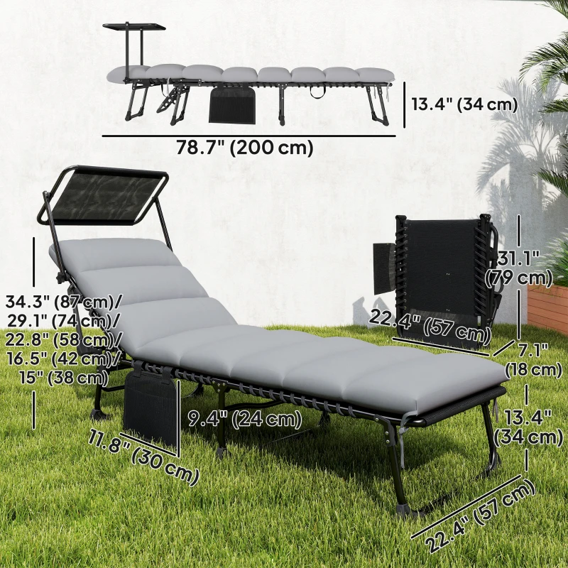 Outsunny Outdoor Chaise Lounge Chairs, 2 PCS Folding Lounge Chairs with Adjustable 5-Position, Cushion, Canopy, Side Pocket