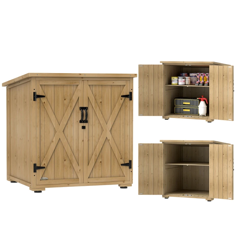 Outsunny Wooden Outdoor Storage Cabinet, Garden Shed Potting Shed with Shelf and Double Doors, Natural