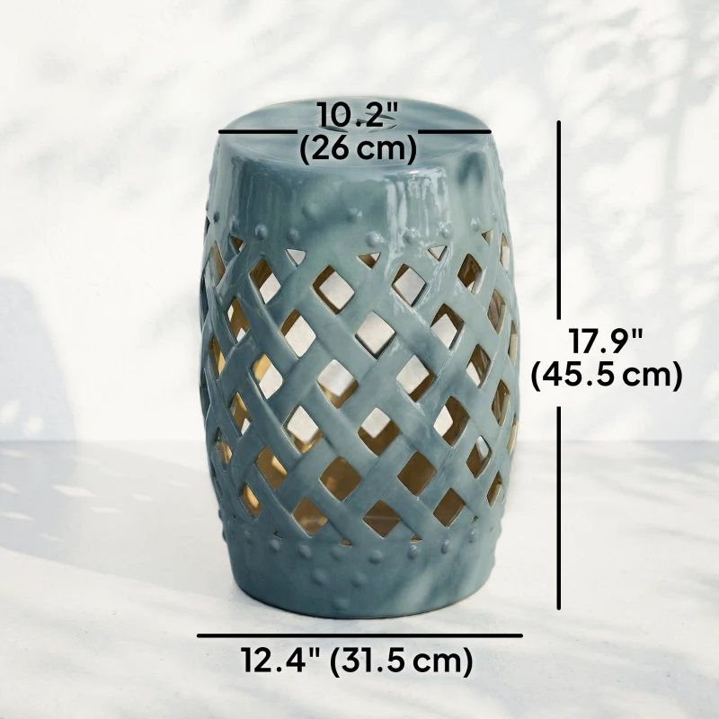 Outsunny 12.4" x 17.9" Ceramic Garden Stool with Woven Lattice Design, Indoor & Outdoor Decorative Accent Stool, Blue