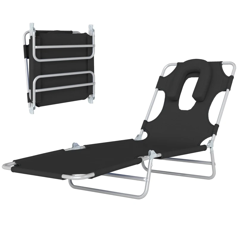 Outsunny Folding Lounge Chair Outdoor, Tanning Chair with Face Hole Arm Slots, Beach Chaise Lounger with Pillow, 5-Position Adjustable Portable Sun Lounger Bed for Pool, Black