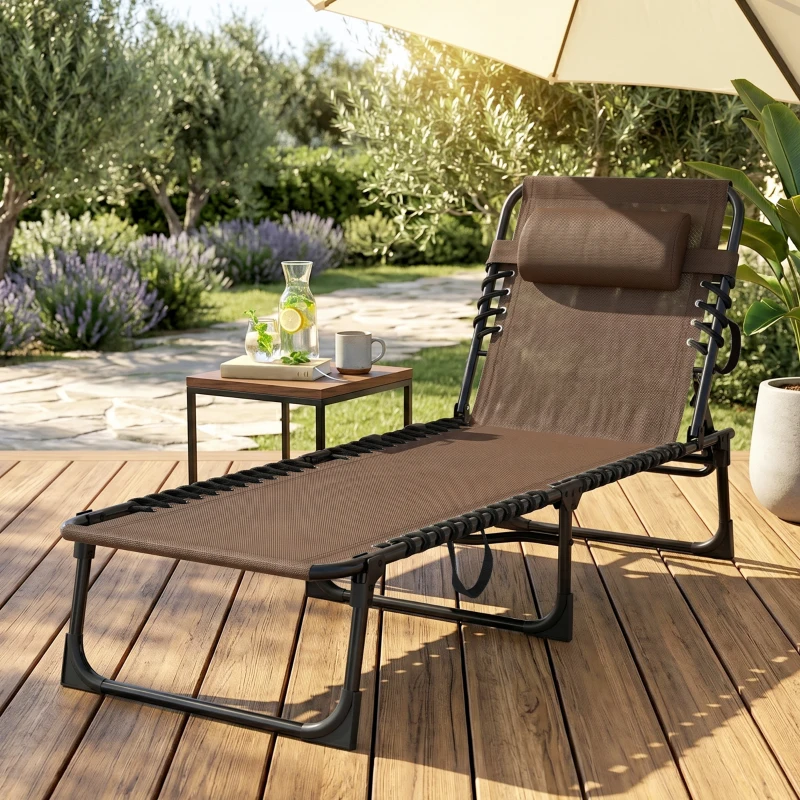 Outsunny Outdoor Folding Chaise Lounge, Reclining Lounge Chair with Adjustable Backrest and Removable Pillow, Brown