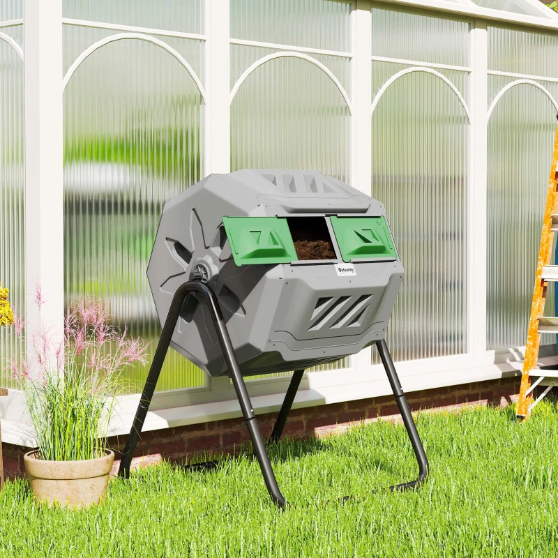 Outsunny Tumbling Compost Bin Outdoor Dual Chamber 360° Rotating Composter 43 Gallon with Sliding Doors, Dark Green