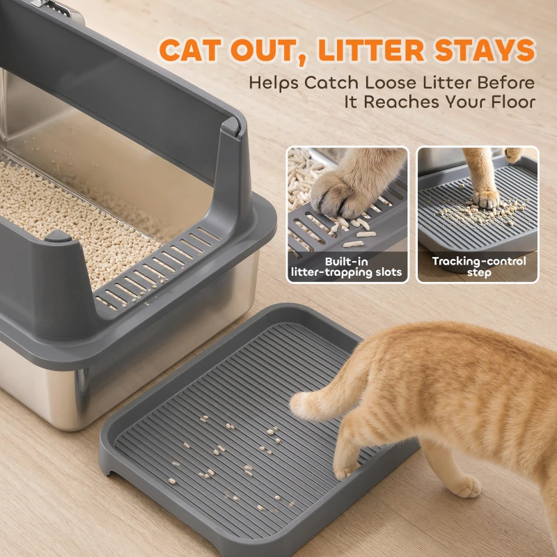 PawHut 2 Pack XL Stainless Steel Litter Box, Metal Cat Litter Box High Sided with Tracking Step & Stainless Steel Scoops