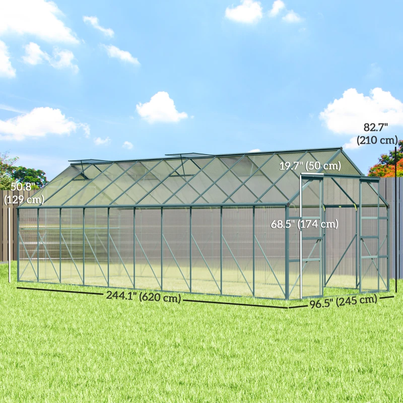 Outsunny Aluminum Greenhouse Polycarbonate Walk-in Garden Greenhouse Kit with Rain Gutter and Sliding Door, 20' x 8', Green