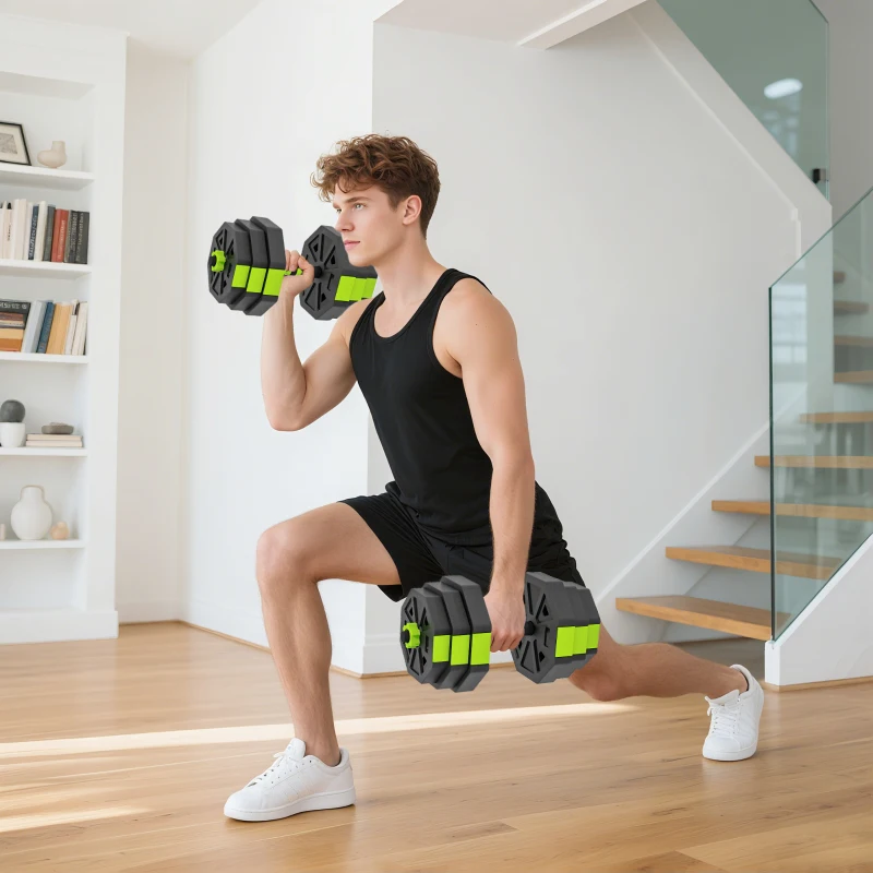 Soozier 6-in-1 Adjustable Dumbbell Set, Used as Kettlebell, Barbell, Dumbbell, Push-Up Stand, 55lbs Free Weights Set, Green