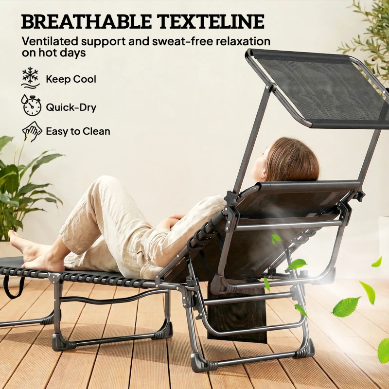 Outsunny Outdoor Chaise Lounge Chairs, 2 PCS Folding Lounge Chairs with Adjustable 5-Position, Cushion, Canopy, Side Pocket