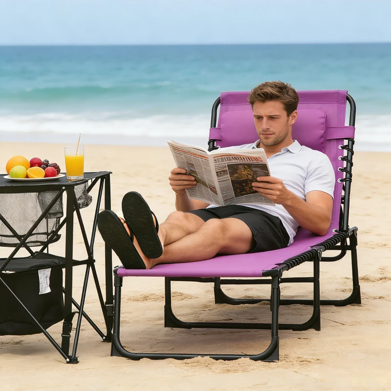Outsunny Folding Chaise Lounge Pool Chair with 4-Position Reclining Back, Pillow, Breathable Mesh & Bungee Seat, Purple