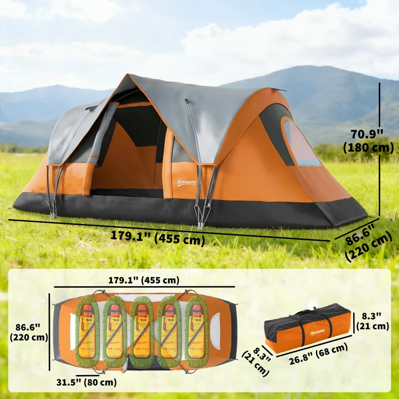 Outsunny 5 Person Family Tent, Outdoor Camping Tent with Lighting Hook, Carrying Bag for Camping, Hiking and Travelling, Orange