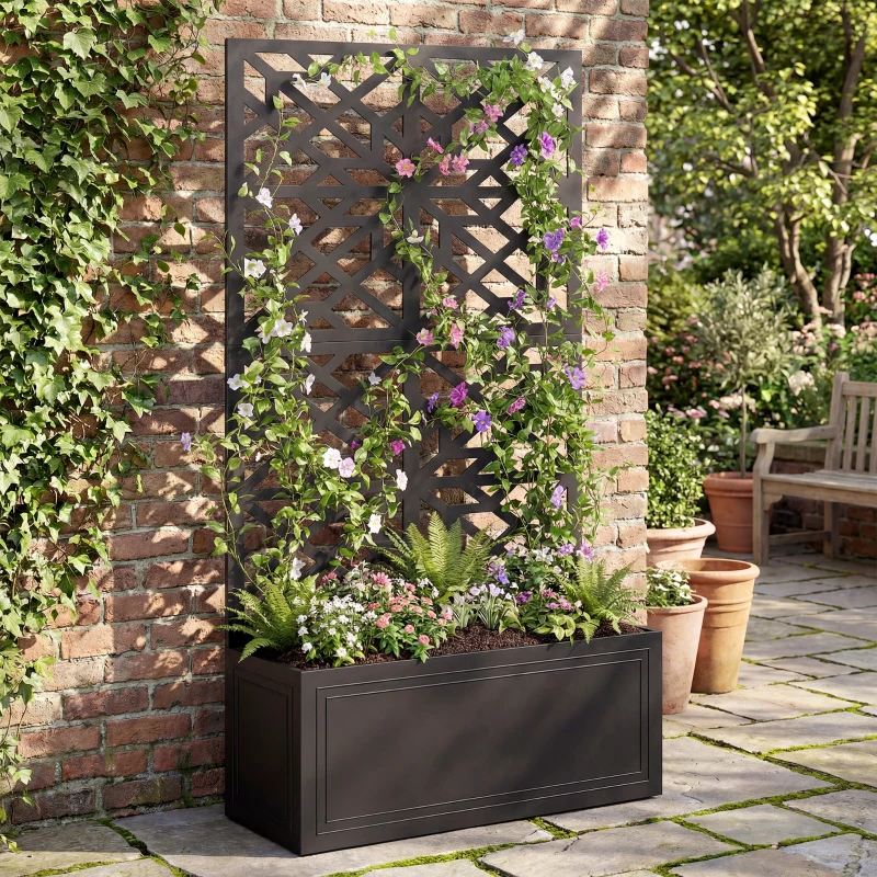 Outsunny Metal Raised Garden Bed with Trellis for Climbing Plants, Freestanding or Wall Mounted Flower Bed with Privacy Panel