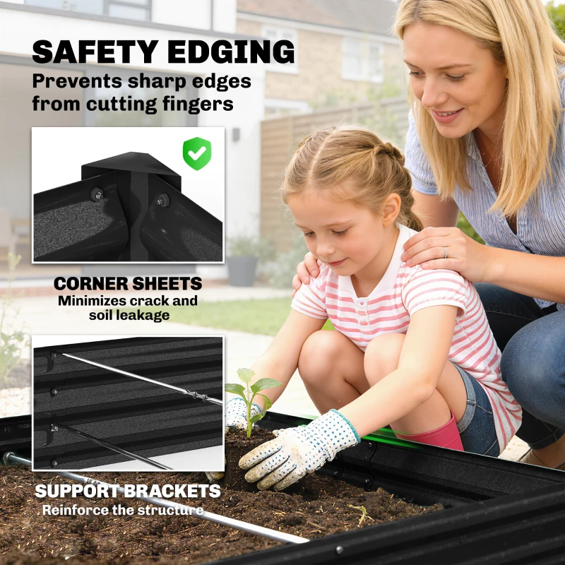 Outsunny 8 x 4 x 1ft Galvanized Raised Garden Bed, Reinforced Outdoor Planter Box with Open Bottom, Black