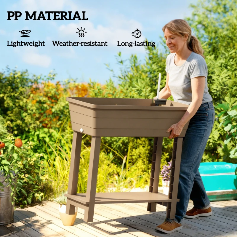 Outsunny 41L Self Watering Raised Garden Bed w/ Ventilation Transparent Lid Greenhouse, Planter Box w/ Storage Shelf, Brown