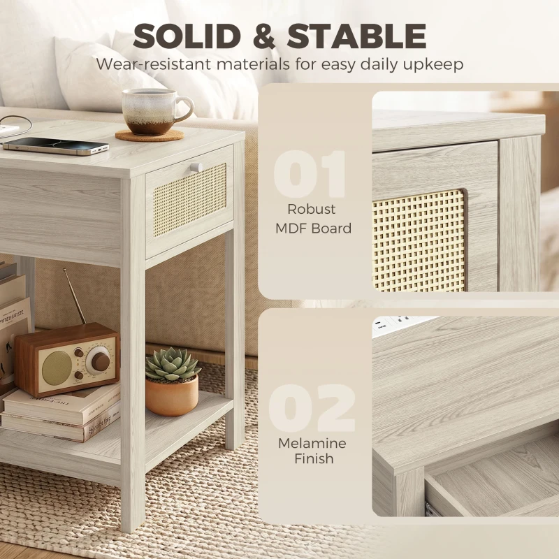 HOMCOM End Table Set of 2 with Charging Station, Bed Side Tables Set with Drawer, Storage Shelf for Living Room, Natural Wood