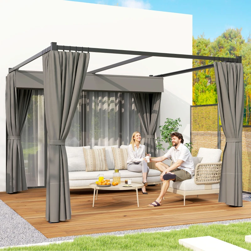 Outsunny 10' x 10' Retractable Pergola Canopy with Sidewalls, Metal Outdoor Gazebo Sun Shade Shelter, Dark Grey