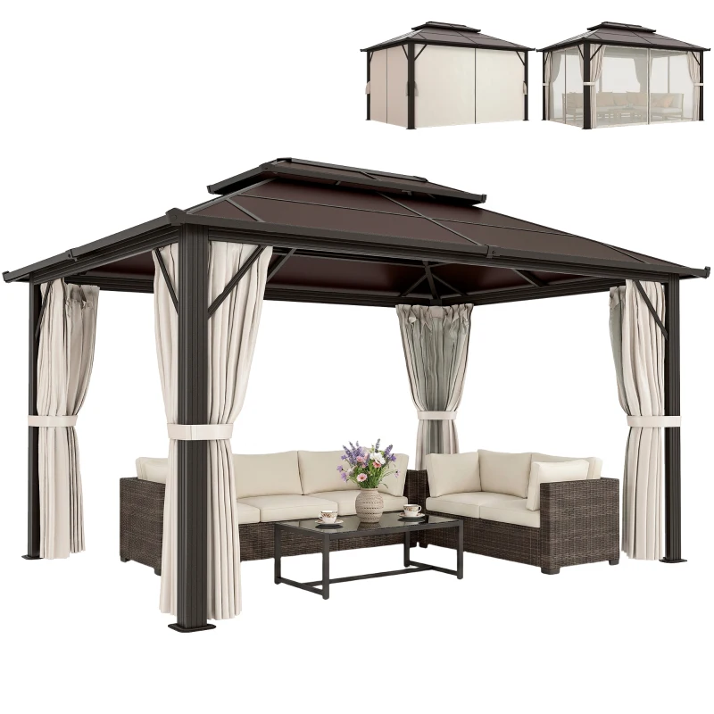 Outsunny 10' x 13' Hardtop Gazebo Canopy with UPF30+ Double Polycarbonate Roof, Aluminum Frame, Netting and Curtains, Beige