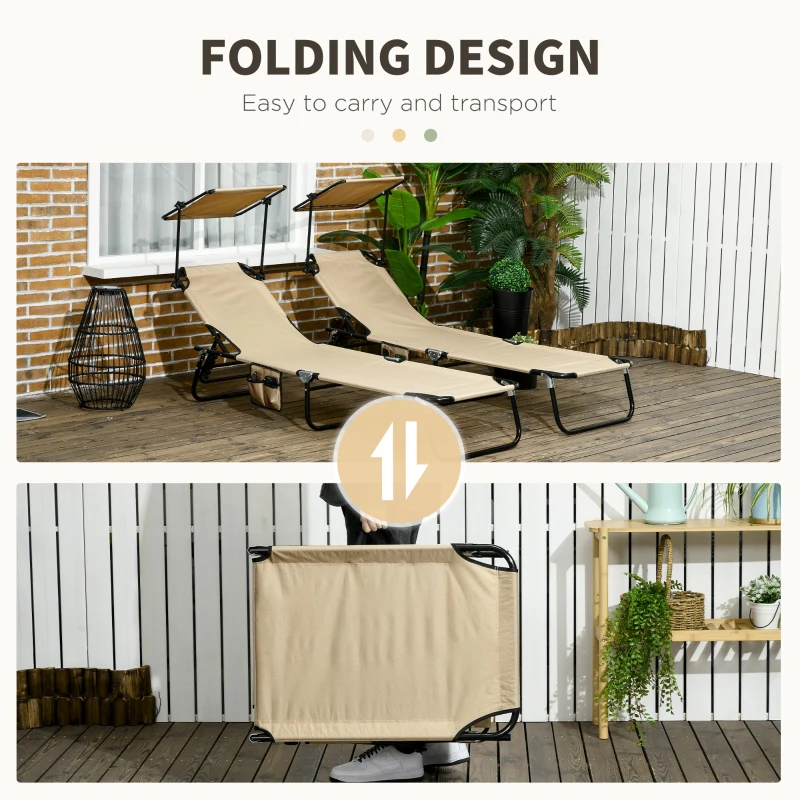 Outsunny 2 Piece Folding Outdoor Chaise Lounges, Pool, Sun, Tanning Chairs with Reclining Back, Sunshade for Beach, Patio, Tan