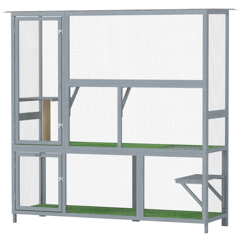PawHut Catio Outdoor Cat Enclosure, 77" H Wooden Cat House with Weatherproof Roof, Platforms and Scratching Post
