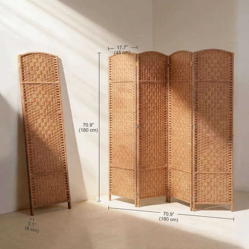 HOMCOM 6ft Folding Room Divider, 4 Panel Wall Partition with Wooden Frame for Bedroom, Home Office, Natural