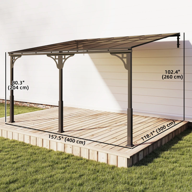 Outsunny 13' x 10' Lean to Gazebo, Hardtop Wall Mounted Outdoor Pergola with Polycarbonate Roof and Metal-Aluminium Frame