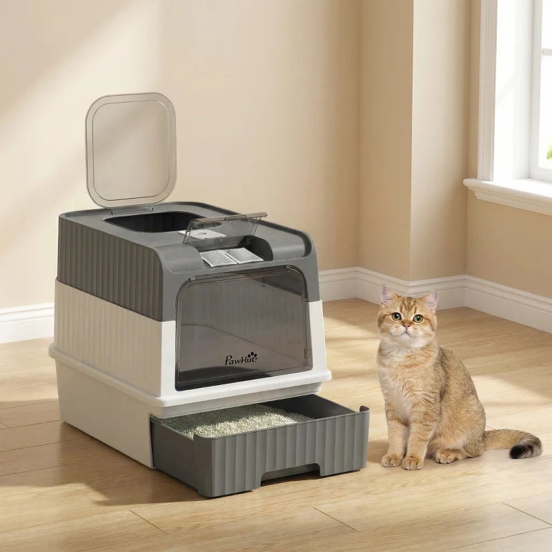 PawHut Cat Litter Box Hooded Cat Litter Tray with Drawer Pan Front Entry & Top Exit Easy Cleaning Gray