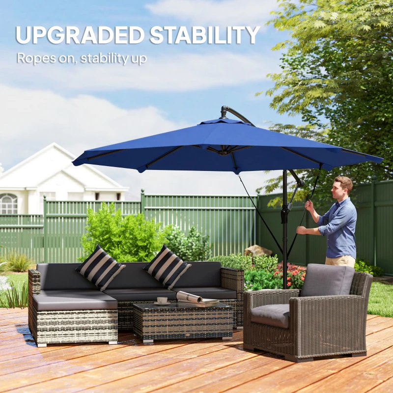 Outsunny 10FT Cantilever Patio Umbrella with 8 Ribs, Offset Patio Umbrella with Cover and Wind Ropes for Garden, Yard, Navy Blue