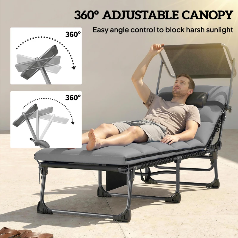 Outsunny Outdoor Chaise Lounge Chairs, 2 PCS Folding Lounge Chairs with Adjustable 5-Position, Cushion, Canopy, Side Pocket
