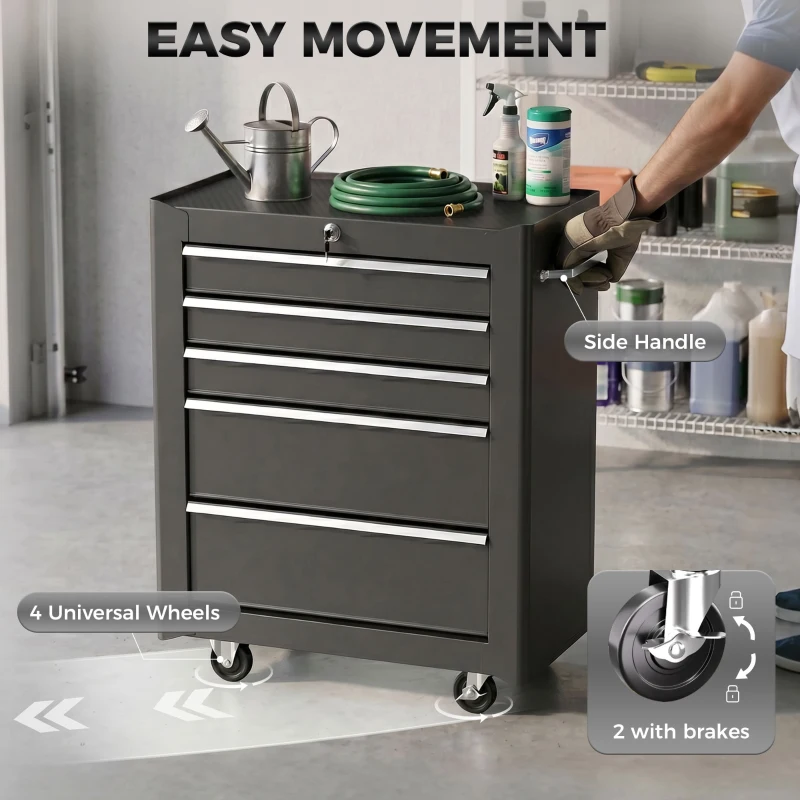 HOMCOM 5-Drawer Rolling Tool Cabinet on Wheels, Lockable Tool Chest, Tool Organizer for Garage, Factory and Workshop, Black