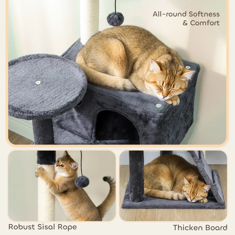 PawHut 63 Inch Cat Tree with Sisal Scratching Posts, Condos, Plush Perches, Hammock, Ladder, Dangling Balls, Dark Grey