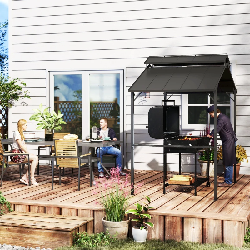 Outsunny 8 x 5ft Hardtop Grill Gazebo with Double Metal Roof, 2 Side Shelves and 10 Hooks for Patio Backyard Lawn Deck