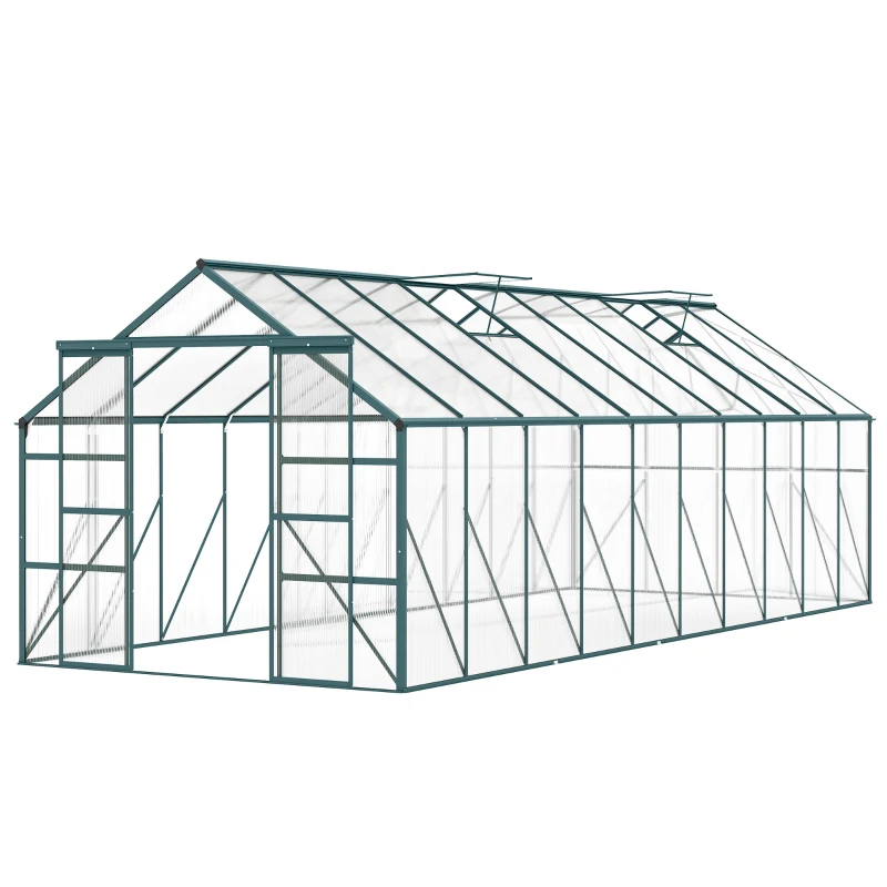 Outsunny Aluminum Greenhouse Polycarbonate Walk-in Garden Greenhouse Kit with Rain Gutter and Sliding Door, 20' x 8', Green