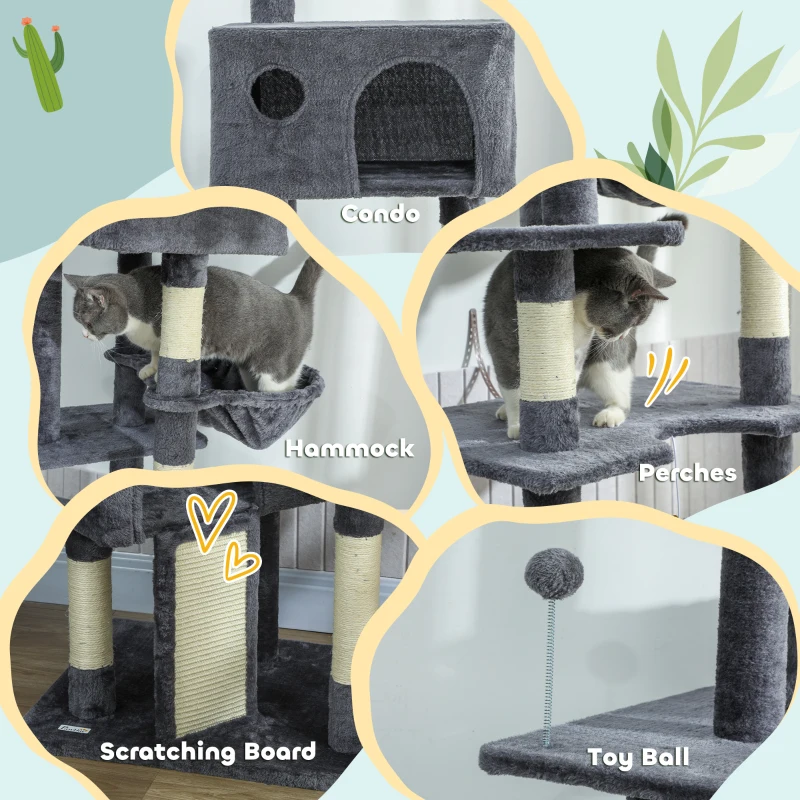 PawHut 91"-98" Floor to Ceiling Cat Tree with 2 Condos, Hammock and Sisal Scratching Posts, for Indoor, Dark Grey