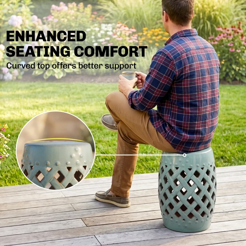 Outsunny 12.4" x 17.9" Ceramic Garden Stool with Woven Lattice Design, Indoor & Outdoor Decorative Accent Stool, Blue