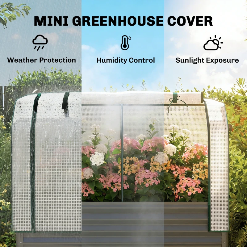 Outsunny Galvanised Raised Garden Bed with Greenhouse Cover, Metal Elevated Planter Box with Bed Liner, Bottom Shelf, Dark Grey