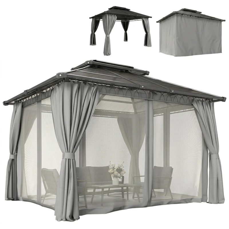 Outsunny 10' x 12' Outdoor Hardtop Gazebo Canopy w/ Double PC Roof, Steel Frame, Nettings, Curtains for Garden Lawn Deck, Grey