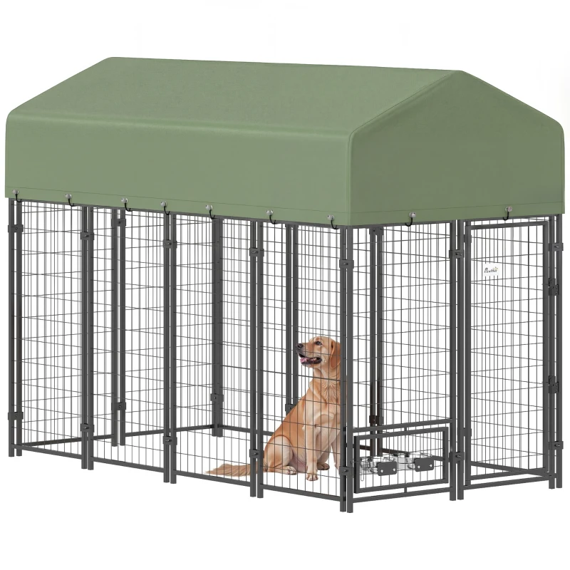 PawHut 8' x 4' x 6' Outdoor Dog Kennel, Dog Kennel Outside Run with 360° Rotating Bowls, Waterproof & UV Resistant Cover Green