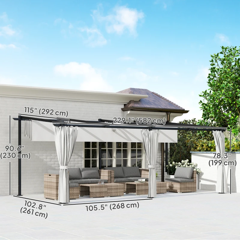 Outsunny 10' x 20' Metal Retractable Pergola Canopy with Sidewalls, Outdoor Gazebo UPF30+ Sun Shade Shelter for Garden, Deck