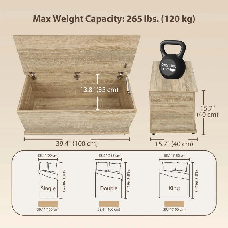 HOMCOM 39.5" Storage Chest with 2 Safety Hinges, Storage Box Organizer with Flip-Top Lid, Entryway Storage Bench, Oak