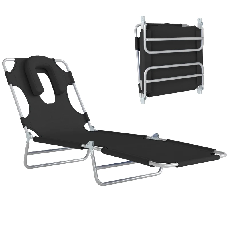 Outsunny Folding Lounge Chair Outdoor, Tanning Chair with Face Hole Arm Slots, Beach Chaise Lounger with Pillow, 5-Position Adjustable Portable Sun Lounger Bed for Pool, Black
