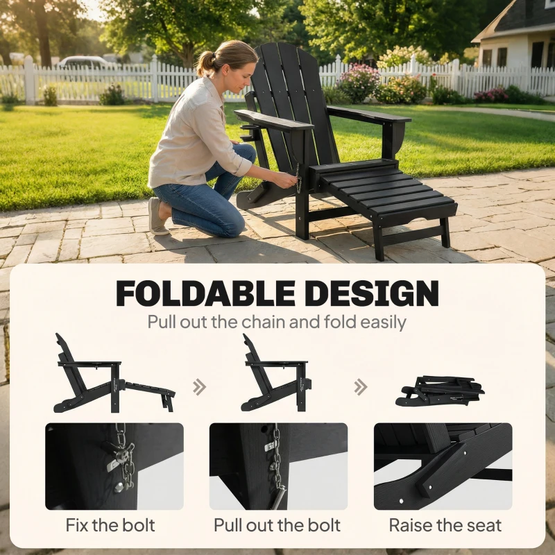 Outsunny Folding Adirondack Chair Set of 2, HDPE Fire Pit Chair with Retractable Ottoman and Cup Holder, Black