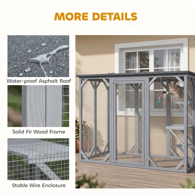 PawHut 44.1" H Cat Cage, Indoor Outdoor Wooden Enclosure Pet House, Small Animal Cage Hutch, Suitable for Rabbit, Dogs, Kitten, Crate Kennel with Waterproof Roof, Multi-Level Platforms, Lock, Grey