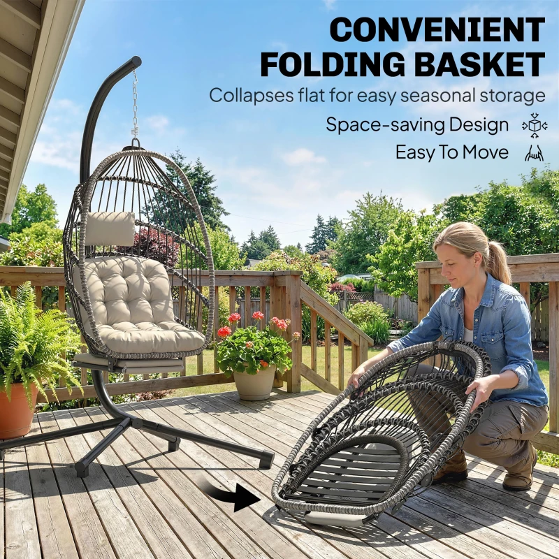 Outsunny Outdoor Hanging Egg Chair with Retractable Footrest Swing Chair with Metal Stand Light Grey