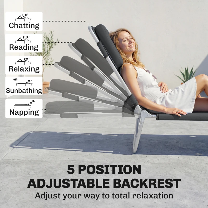 Outsunny Folding Lounge Chair Outdoor, Tanning Chair with Face Hole Arm Slots, Beach Chaise Lounger with Pillow, 5-Position Adjustable Portable Sun Lounger Bed for Pool, Black