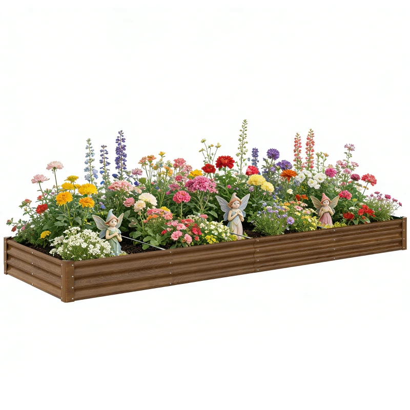 Outsunny 12 x 4 x 1ft Galvanized Raised Garden Bed, Reinforced Outdoor Planter Box with Open Bottom, Distressed Brown