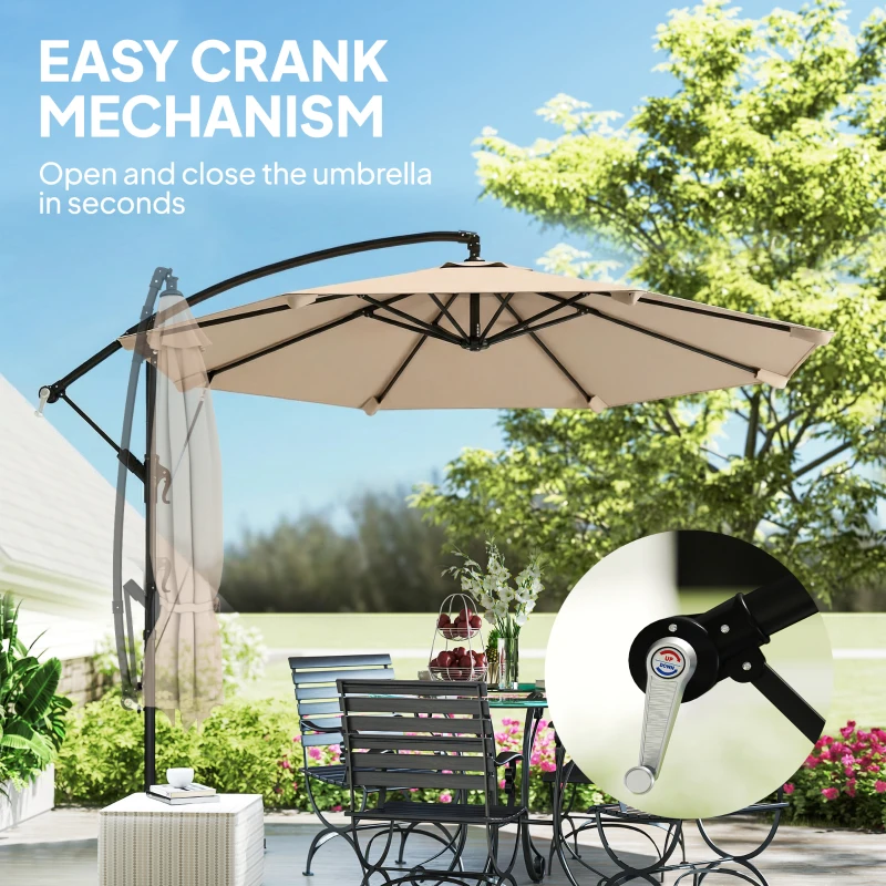 Outsunny 10FT Cantilever Patio Umbrella with 8 Ribs, Offset Patio Umbrella with Cover and Wind Ropes for Garden, Yard, Khaki