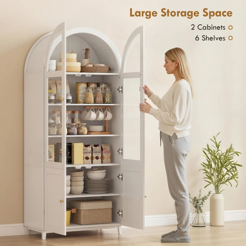 HOMCOM Arched Kitchen Pantry Cabinet, 71" Tall Farmhouse Kitchen Storage Cabinet with Acrylic Glass Doors, White
