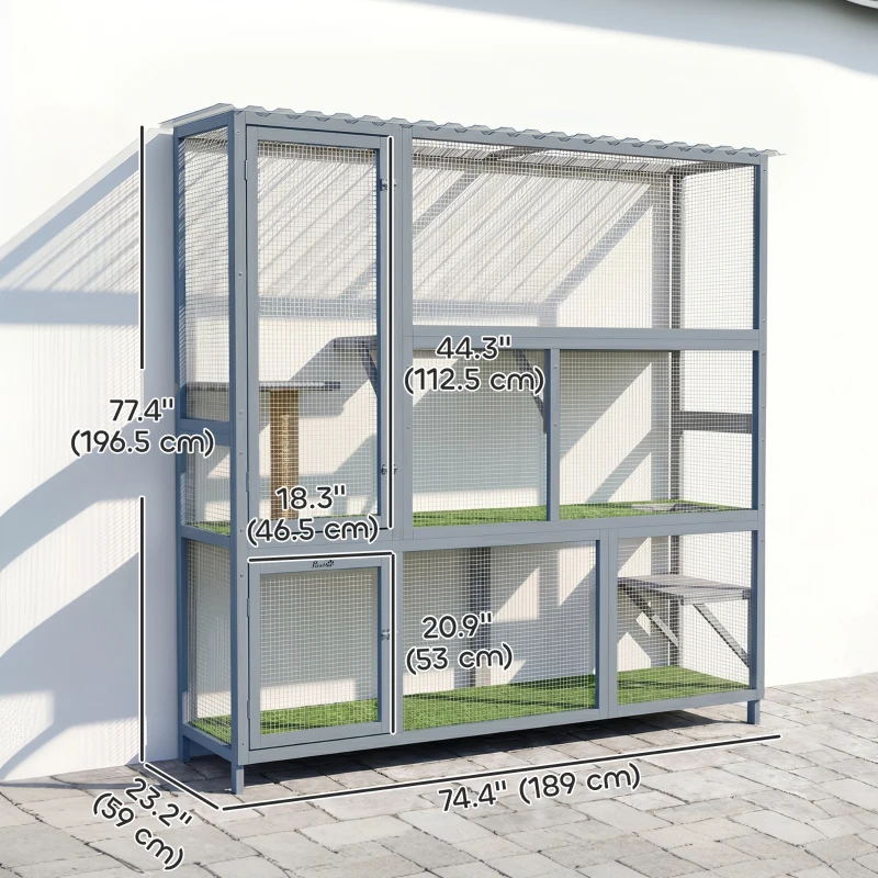 PawHut Catio Outdoor Cat Enclosure, 77" H Wooden Cat House with Weatherproof Roof, Platforms and Scratching Post