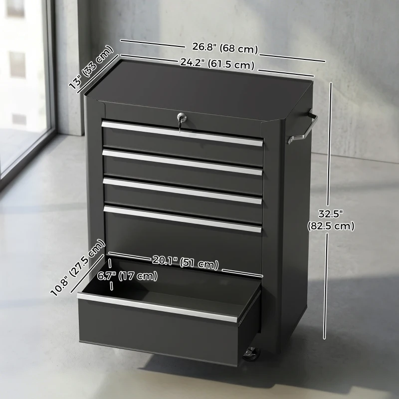 HOMCOM 5-Drawer Rolling Tool Cabinet on Wheels, Lockable Tool Chest, Tool Organizer for Garage, Factory and Workshop, Black