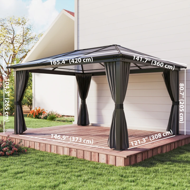 Outsunny 12' x 15' Hardtop Gazebo Canopy with Polycarbonate Roof, Aluminum Frame, Netting, Curtains and Ceiling Hook, Dark Grey