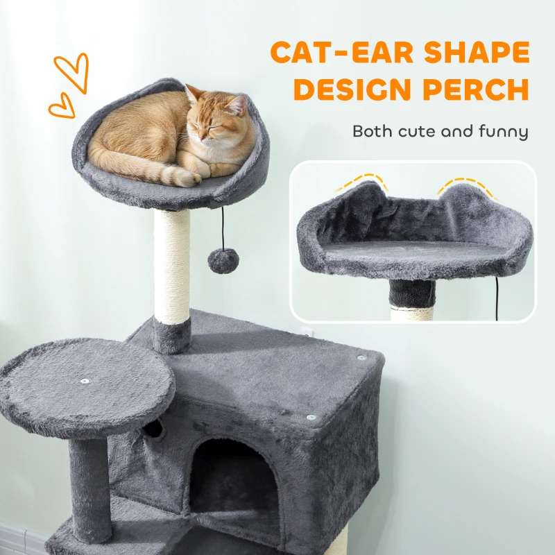 PawHut 63 Inch Cat Tree with Sisal Scratching Posts, Condos, Plush Perches, Hammock, Ladder, Dangling Balls, Dark Grey